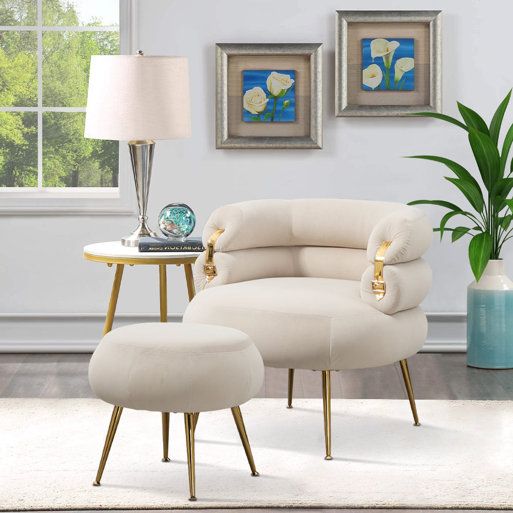 Beige Velvet Accent Chair with Ottoman and Gold Metal Legs W145