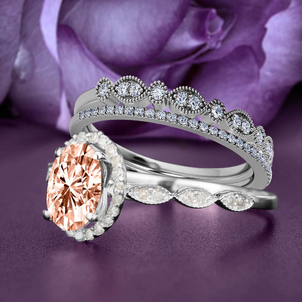 Art Deco Oval Cut Morganite And Diamond Moissanite Engagement Ring Trio Set In 925 Sterling Silver With 18K White Gold Plating R38653