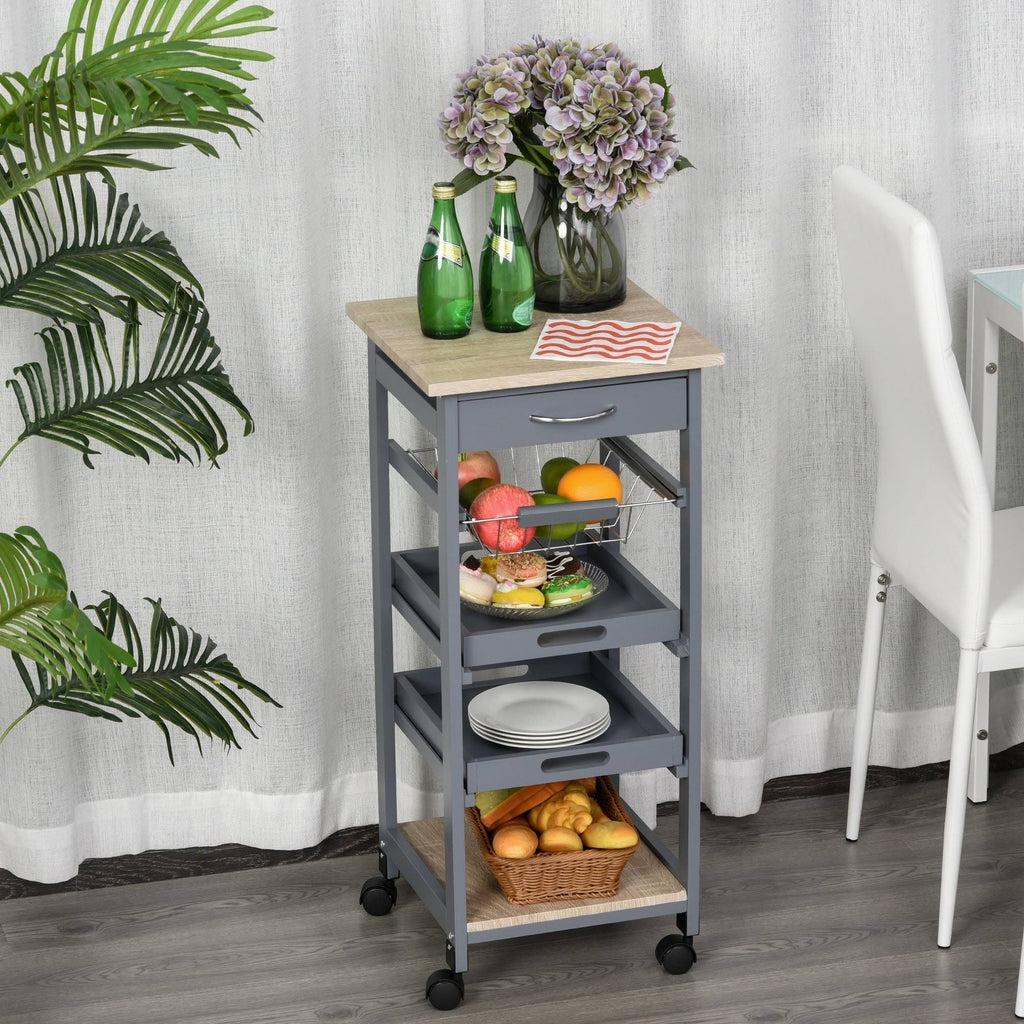 White Mobile Rolling Kitchen Island Trolley Serving Cart with Drawer and Wire Storage Basket O54225