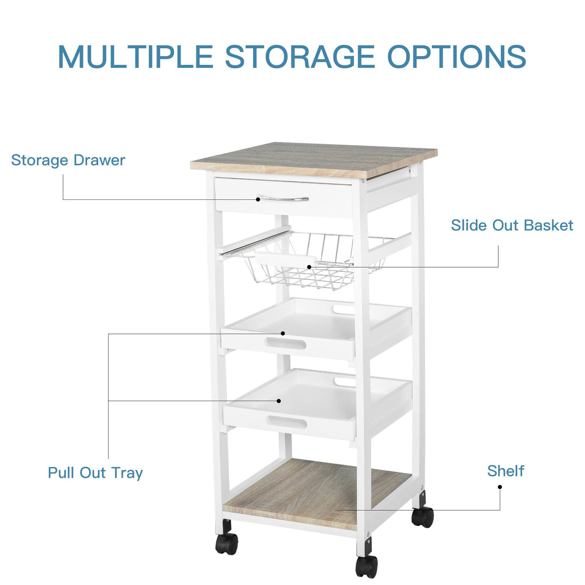 White Mobile Rolling Kitchen Island Trolley Serving Cart with Drawer and Wire Storage Basket O54225