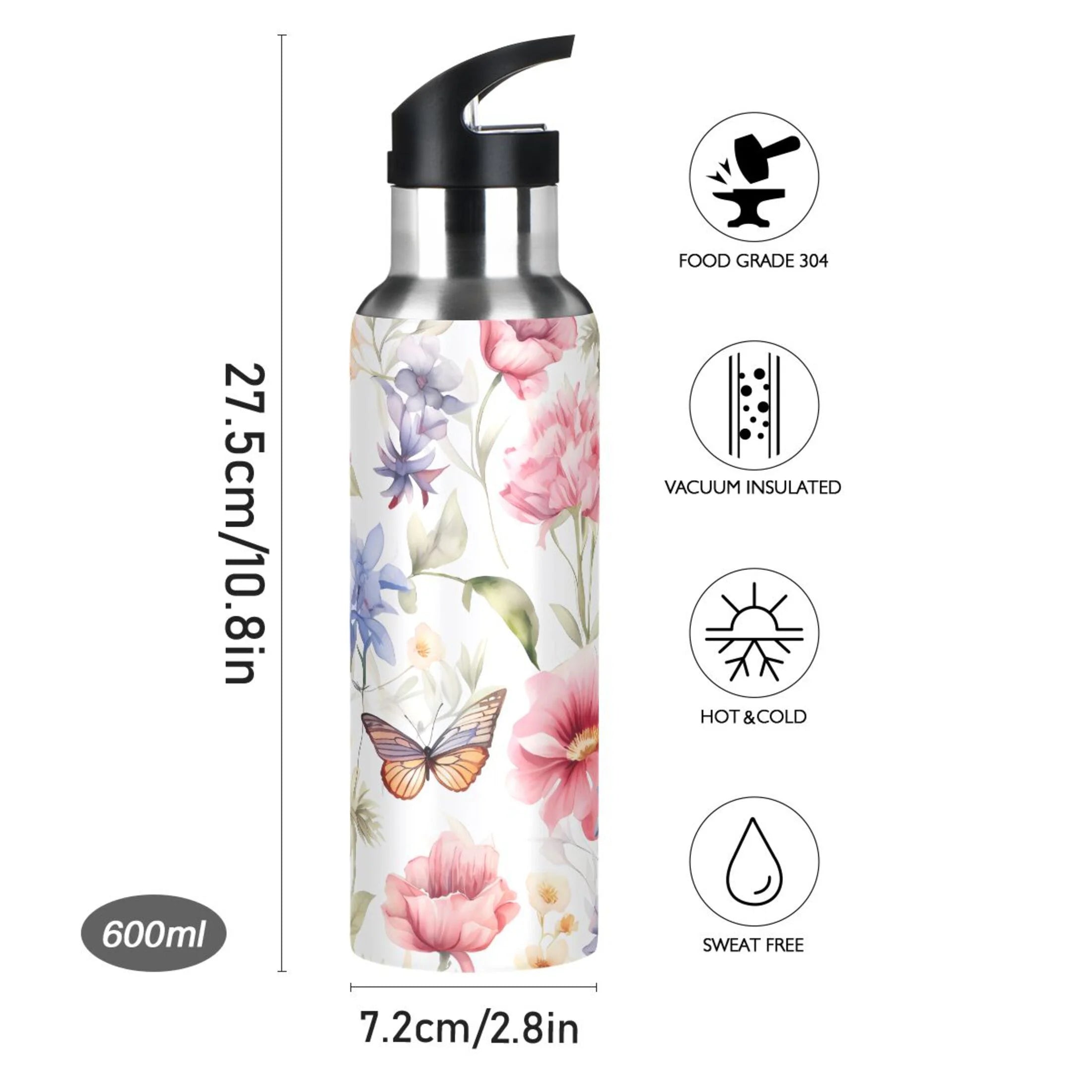 Stainless Steel Insulated Thermos Vacuum Flask Water Bottle with Straw Lid T1611