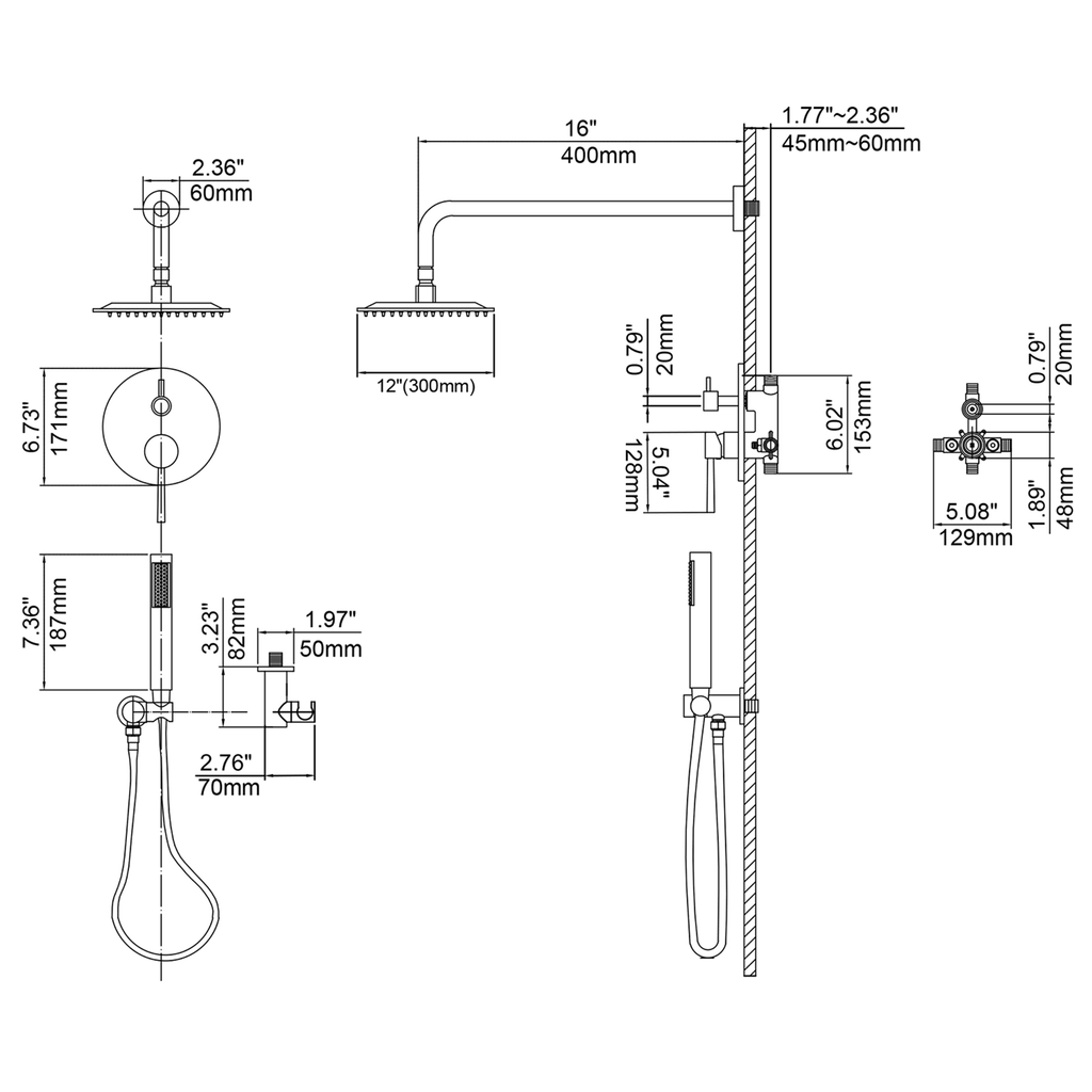 Chrome Wall Mounted Rain Shower Faucet Set with Hand Shower N763848