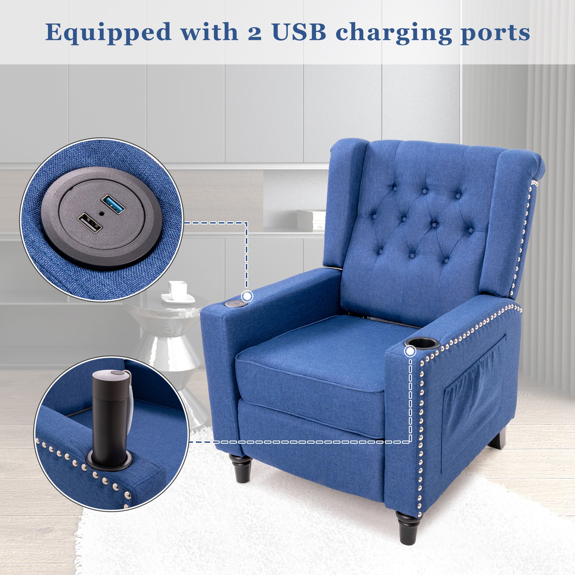 Blue Tufted Wingback Recliner Arm Chair with USB Charging I7368