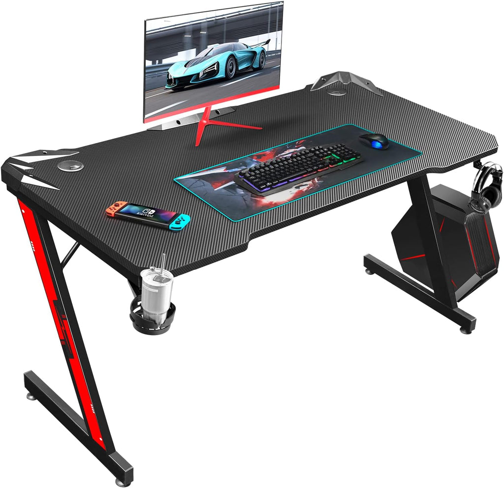 44 Inch Black Gaming Desk with Carbon Fiber Surface Cup Holder and Headphone Hook R9855