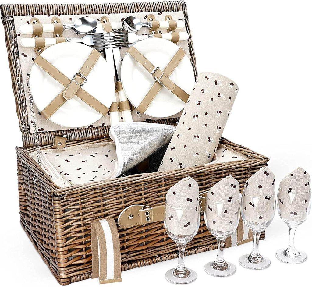 Wicker Picnic Basket Set with Insulated Cooler Bag and Waterproof Picnic Blanket O655