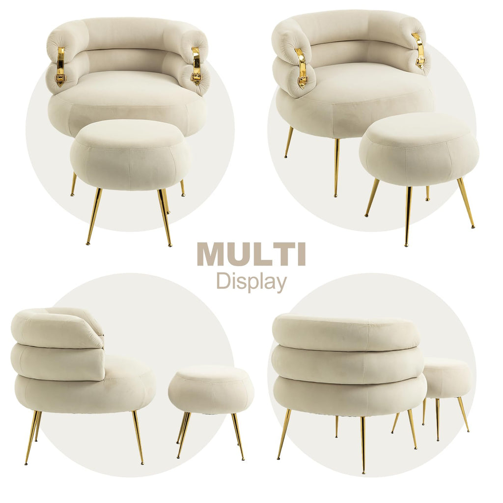 Beige Velvet Accent Chair with Ottoman and Gold Metal Legs W145