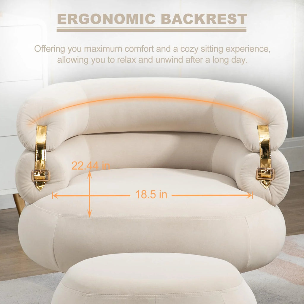 Beige Velvet Accent Chair with Ottoman and Gold Metal Legs W145