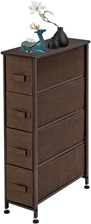 Narrow Slim Storage Drawer Chest with 4 Fabric Bins Metal Frame MDF Wood Top A1316