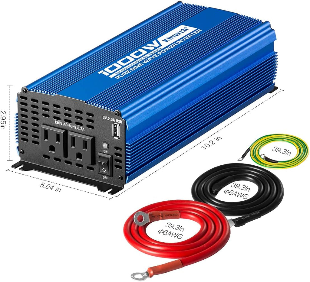 Pure Sine Wave Inverter 1000W DC 12V to AC 110V Car Power Inverter with Dual AC Outlets & 2A USB Ports I219846
