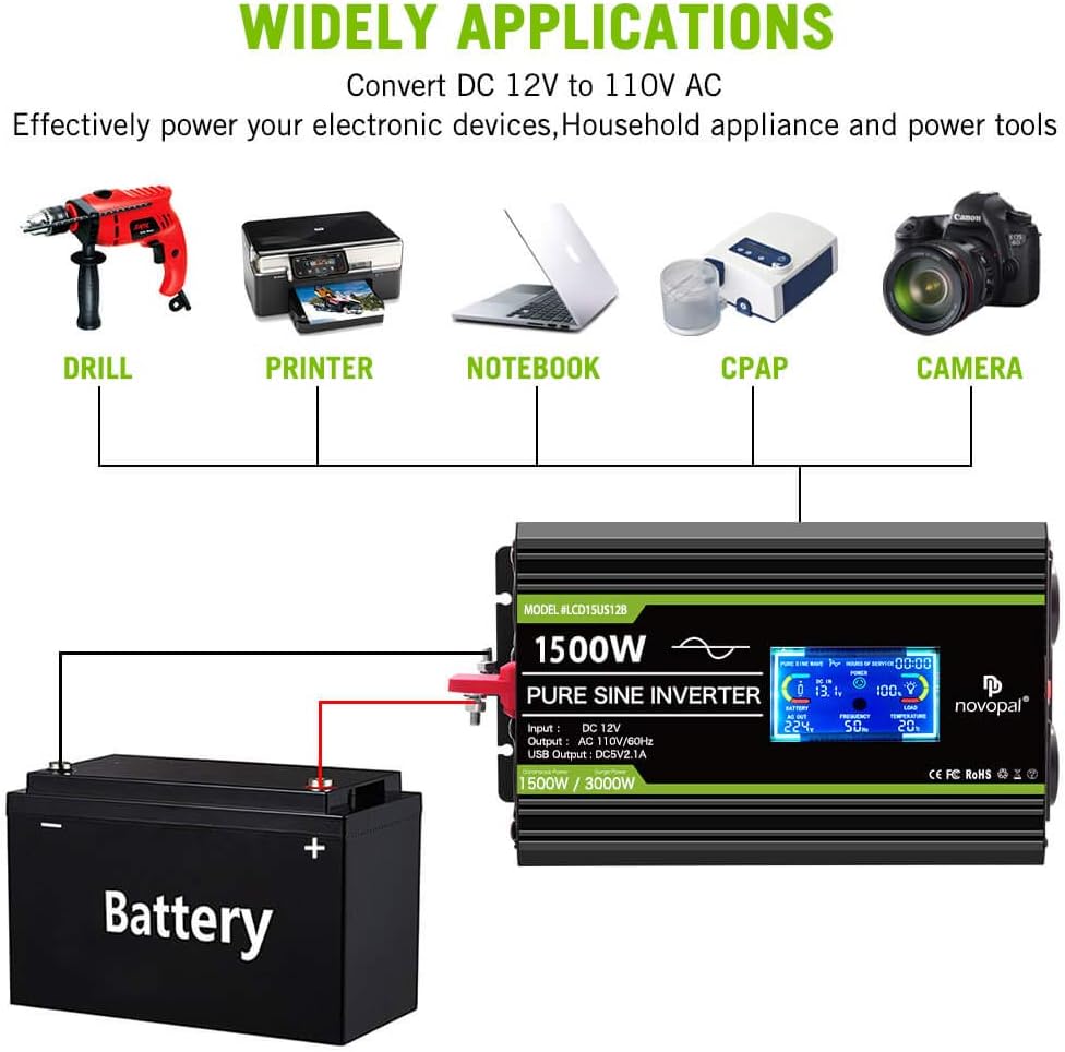 1500 Watt Pure Sine Wave Power Inverter DC 12V to 110V/120V with 4 AC Outlets and USB Port O9020