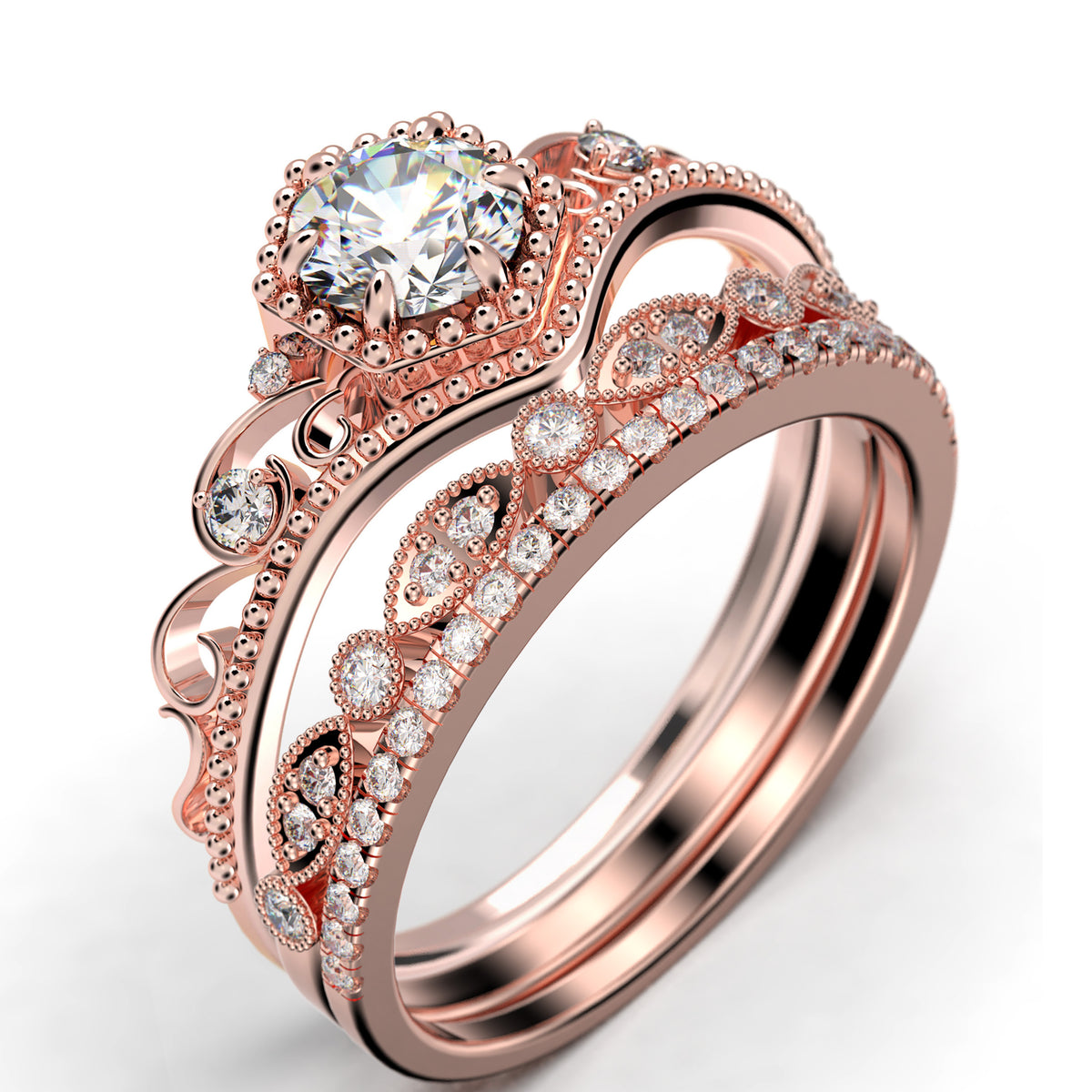 Antique Milgrain Art Deco 2.50 Carat Round Cut Moissanite Engagement Ring in 10k Solid Rose Gold K256866