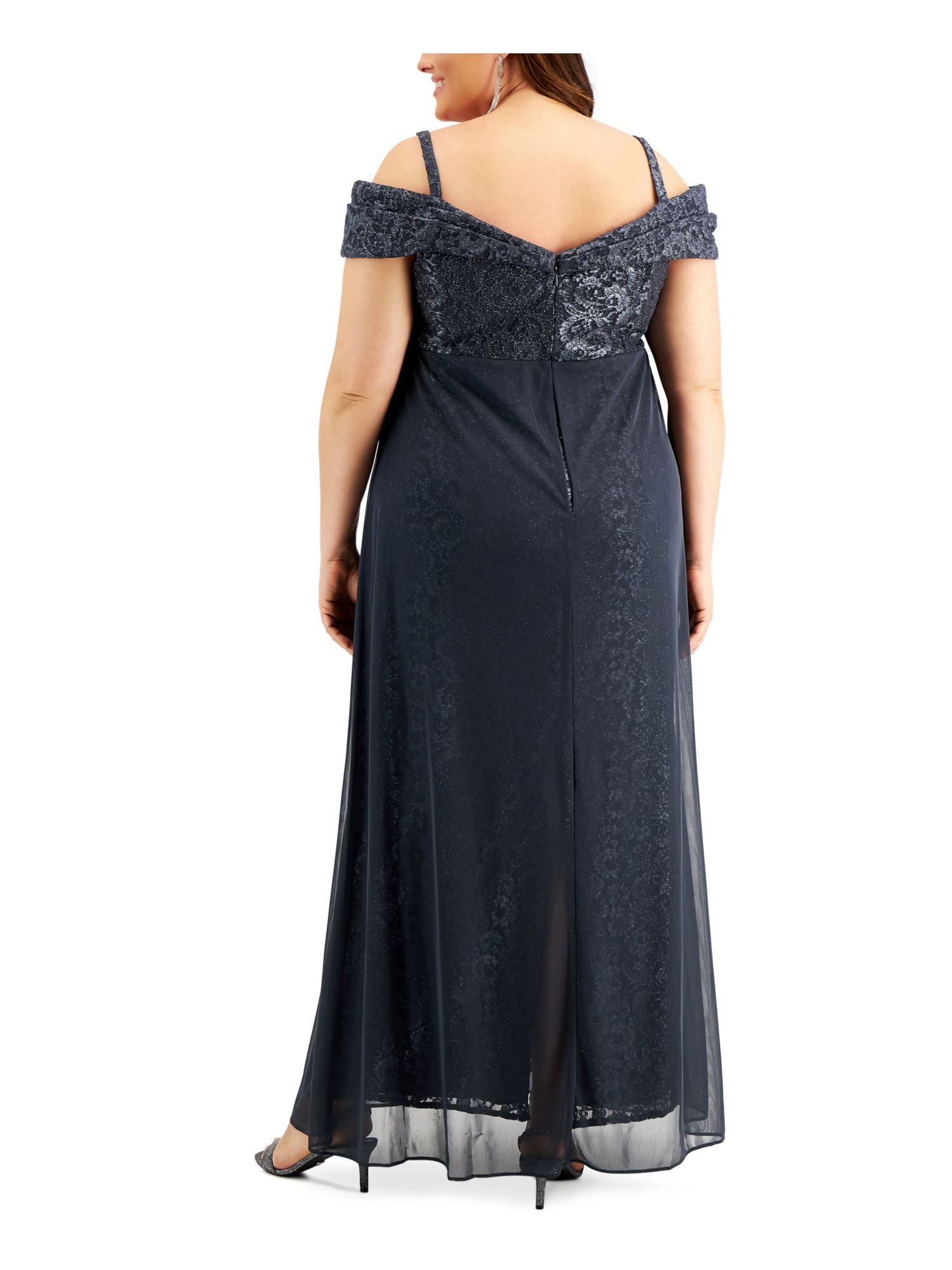 Gray Zippered Sheer Lined Floral Short Sleeve Off Shoulder Full-Length Formal Gown Dress Plus 18W J83281