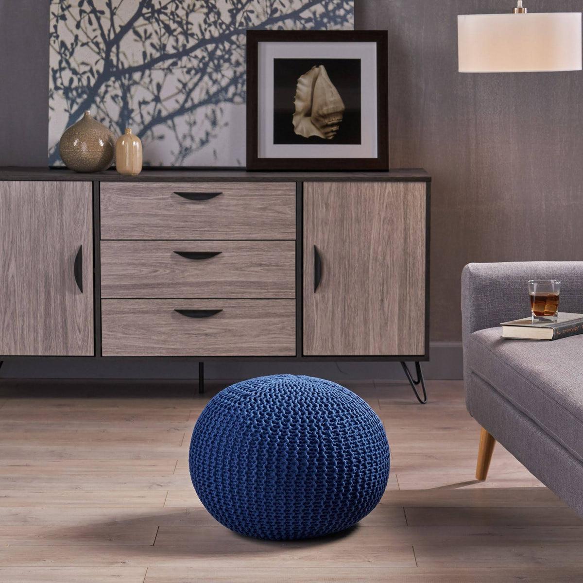Navy Blue Hand Knitted Pouf Ottoman J9491