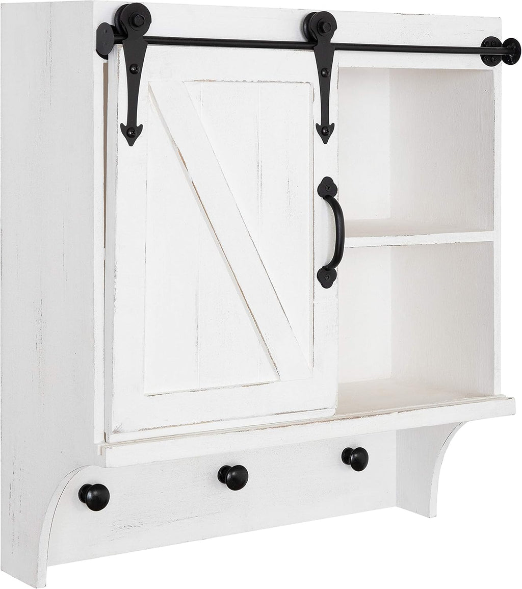 White Shabby-Chic Farmhouse Cabinet Wall Organizer with Sliding Barn Door and 3 Knobs Z72093