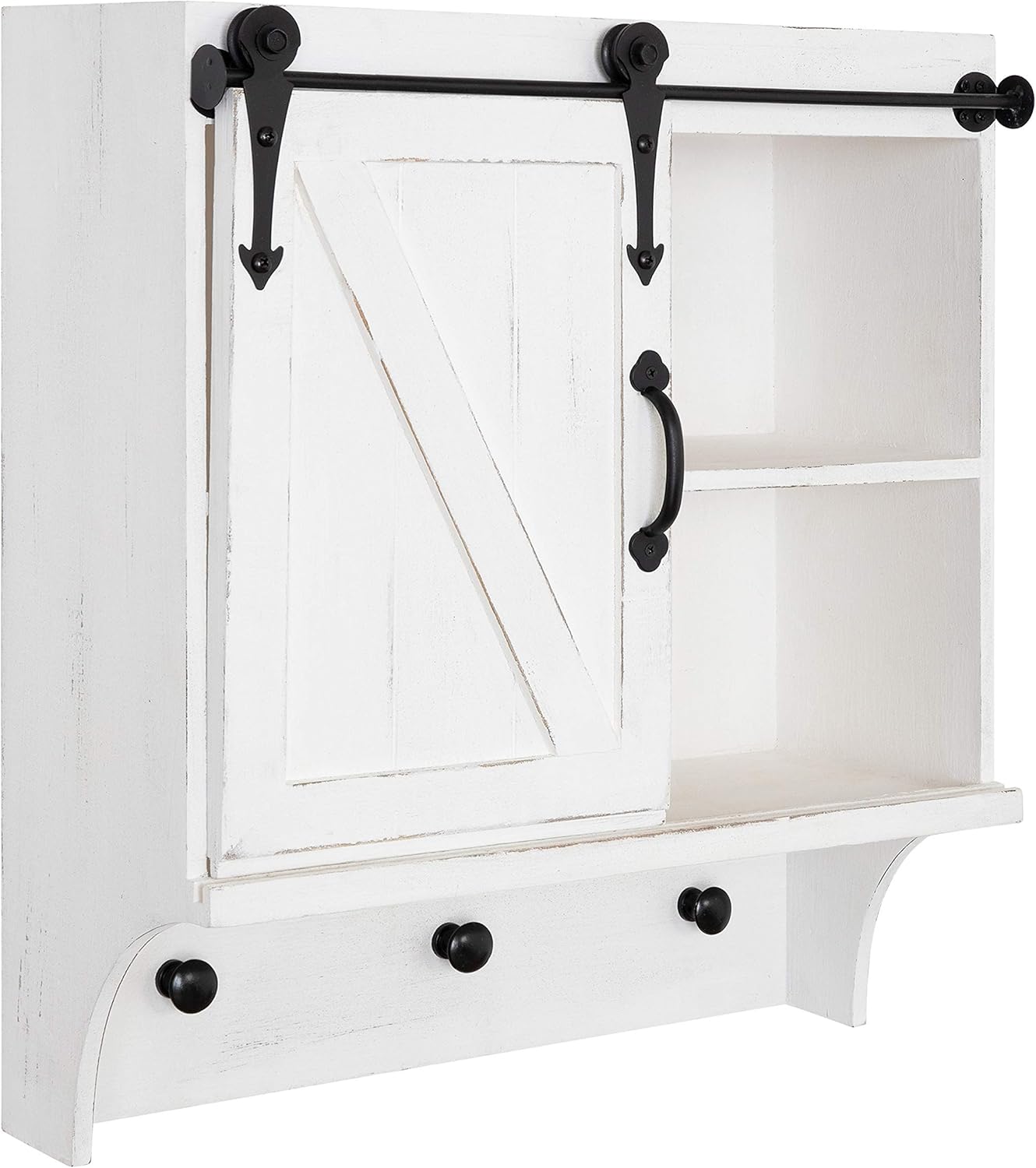White Shabby-Chic Farmhouse Cabinet Wall Organizer with Sliding Barn Door and 3 Knobs Z72093