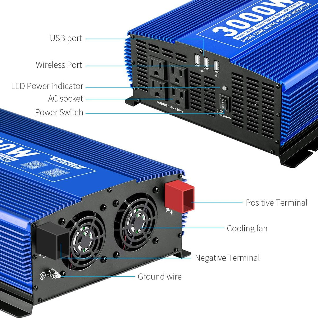 Pure Sine Wave Inverter 1000W DC 12V to AC 110V Car Power Inverter with Dual AC Outlets & 2A USB Ports I219846