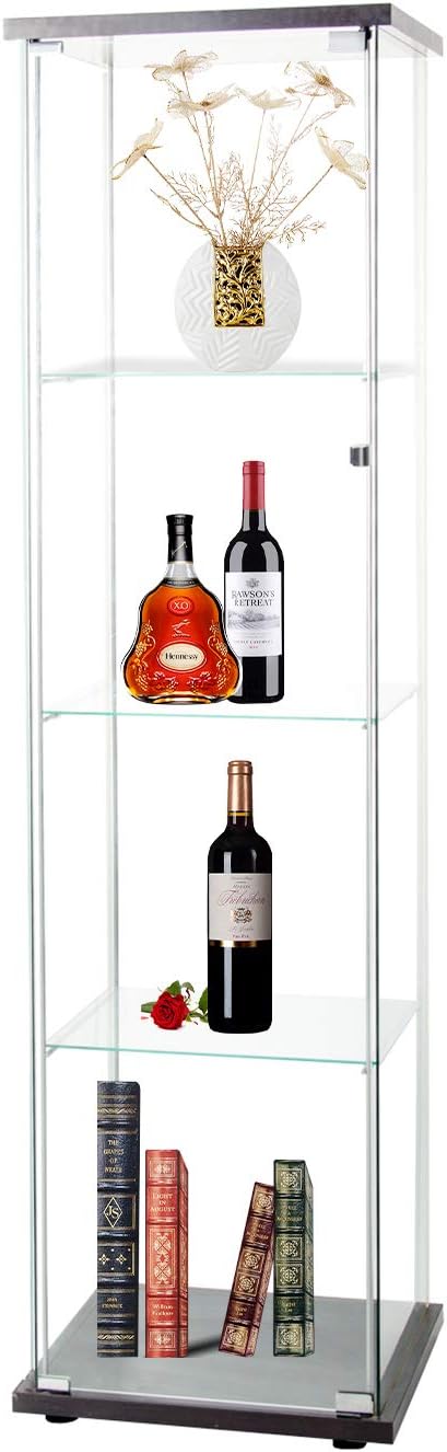 4-Shelf Glass Display Cabinet with Door, Tempered Glass Floor Standing Bookshelf, Black K466