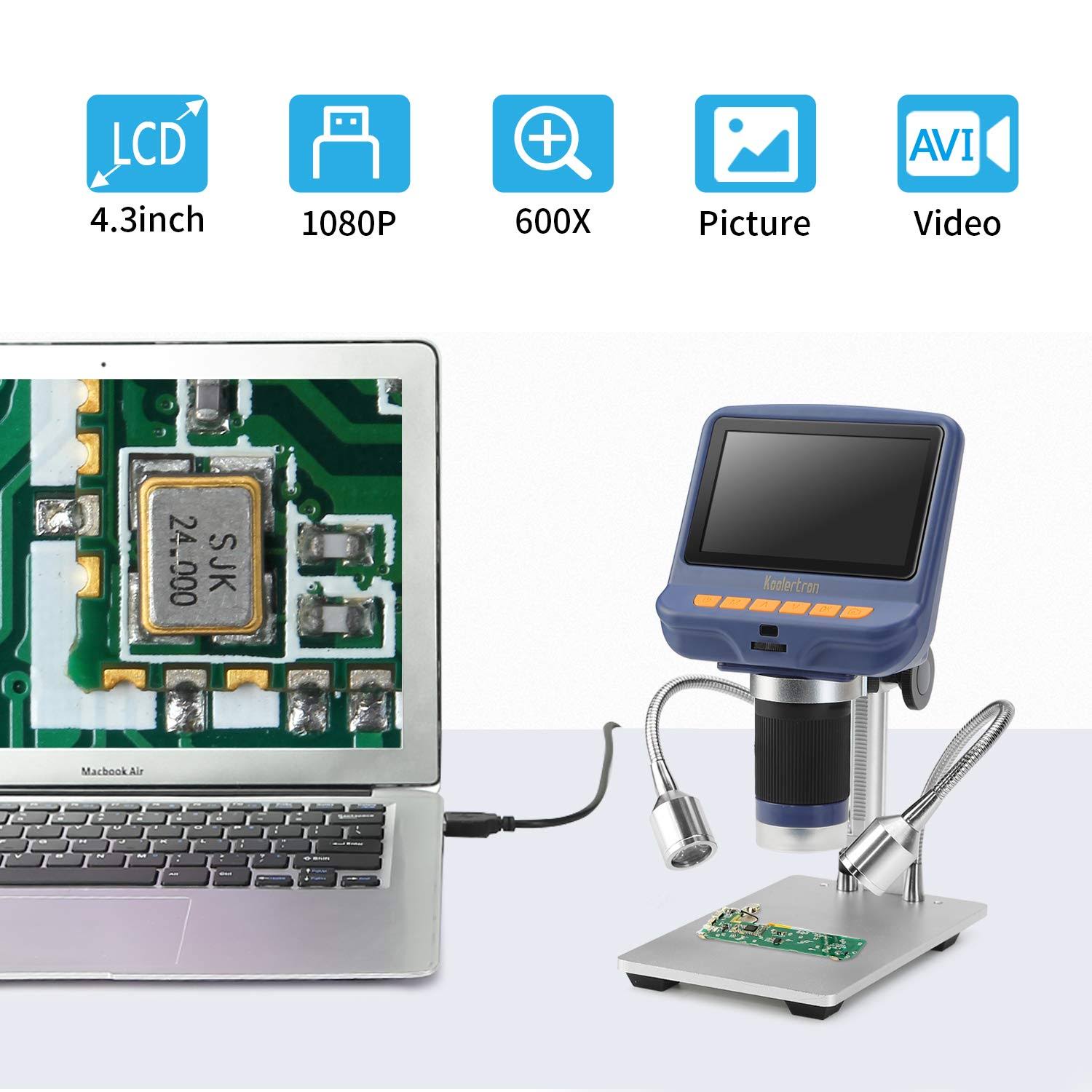 4.3 inch 1080p LCD Digital USB Microscope with 10X-220X Magnification Zoom, 8 LED Adjustable Light U95883