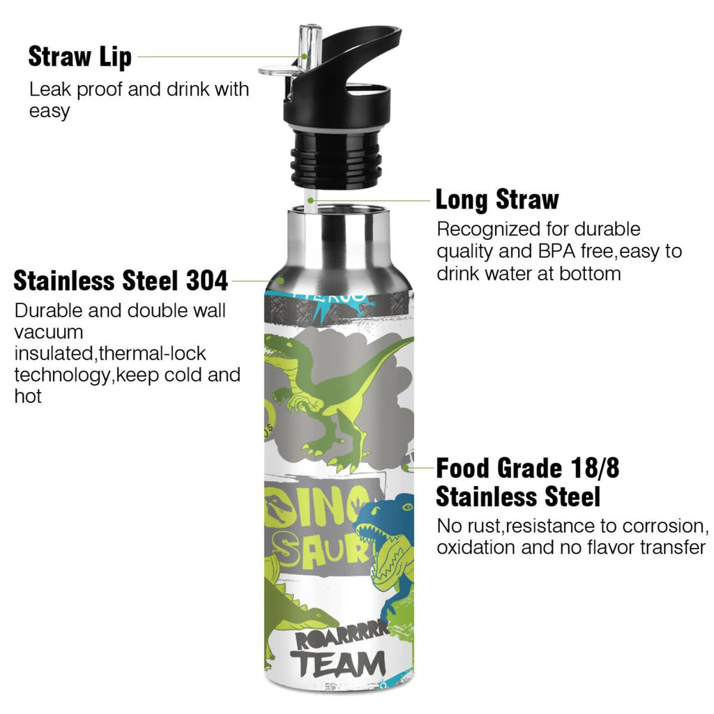 Cool Green Dinosaur Stainless Steel Insulated Water Bottle with Straw Lid E31063