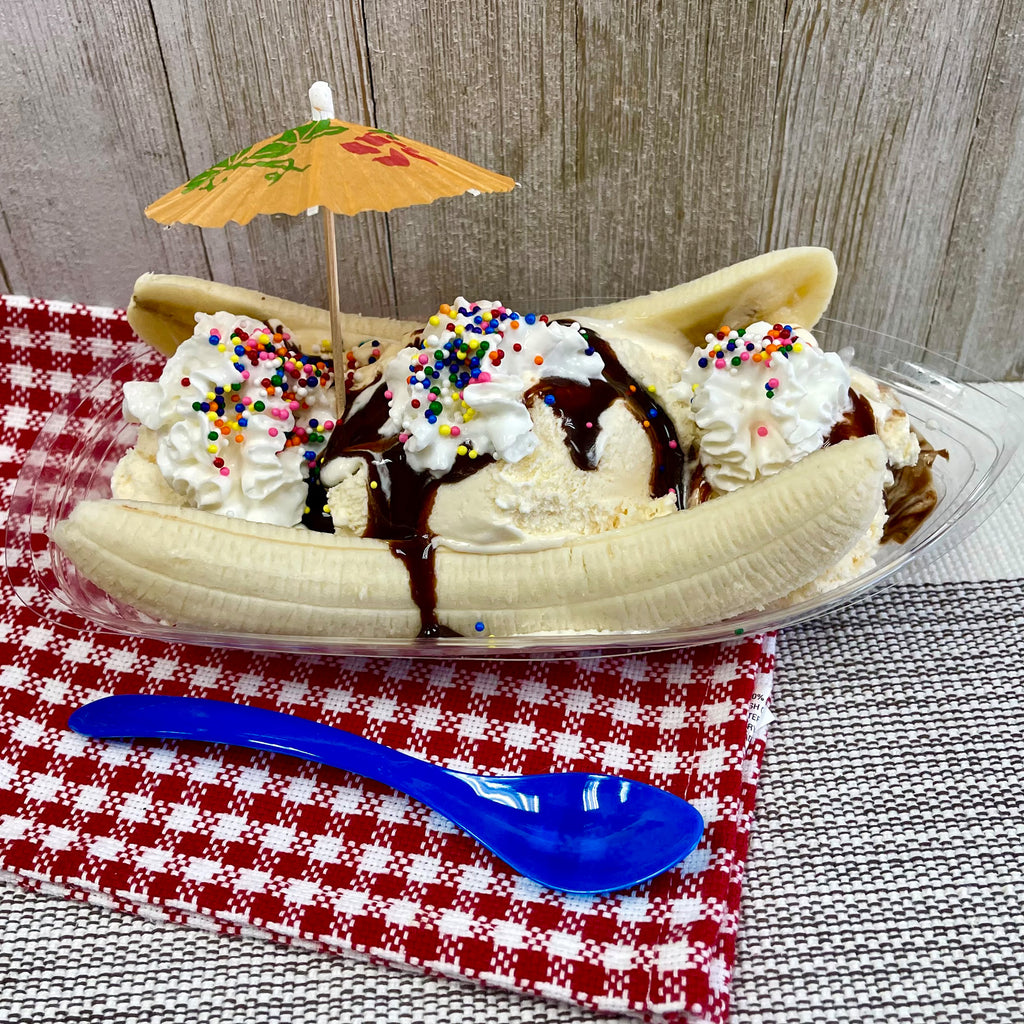 16 Pk Clear Plastic Banana Split Boats with Spoons and Umbrellas J3695