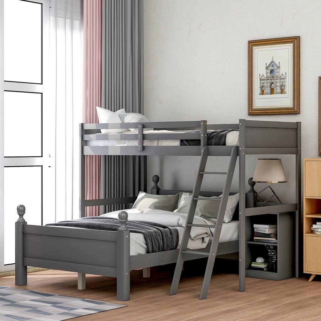 Gray Twin Over Full Bunk Bed with Storage Cabinet N1734