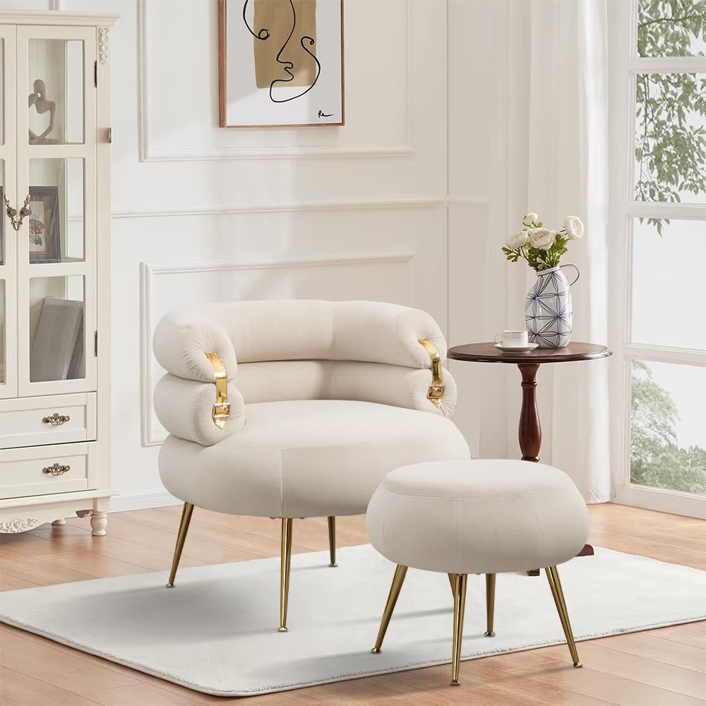 Beige Velvet Accent Chair with Ottoman and Gold Metal Legs W145