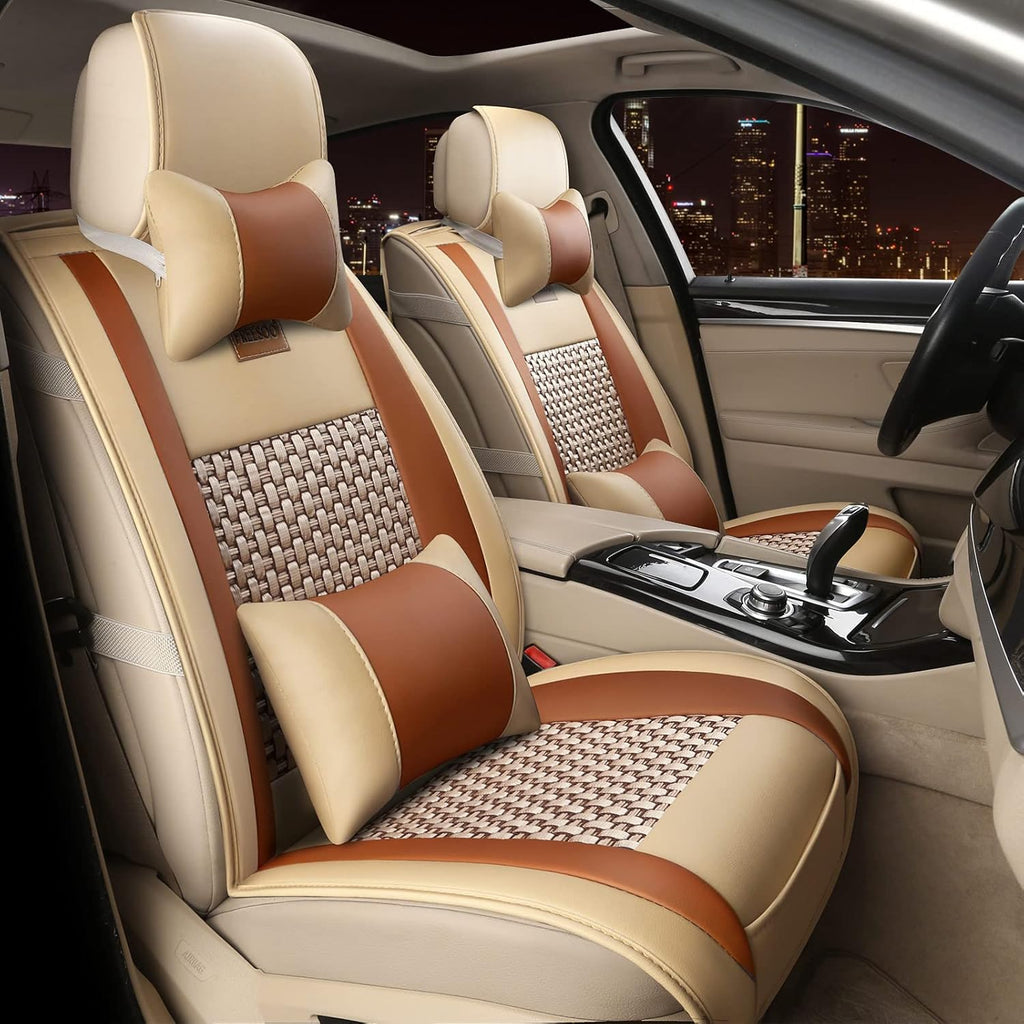 Khaki Orange Leather Car Seat Cover Full Set for 5 Seats L3674