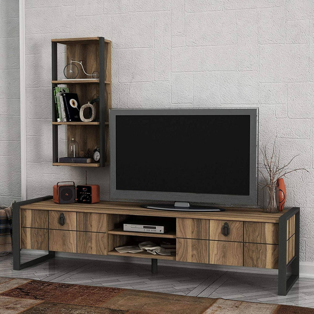 TV Unit with Vertical Wall Shelf, Metal & Composite Wood Frame M153