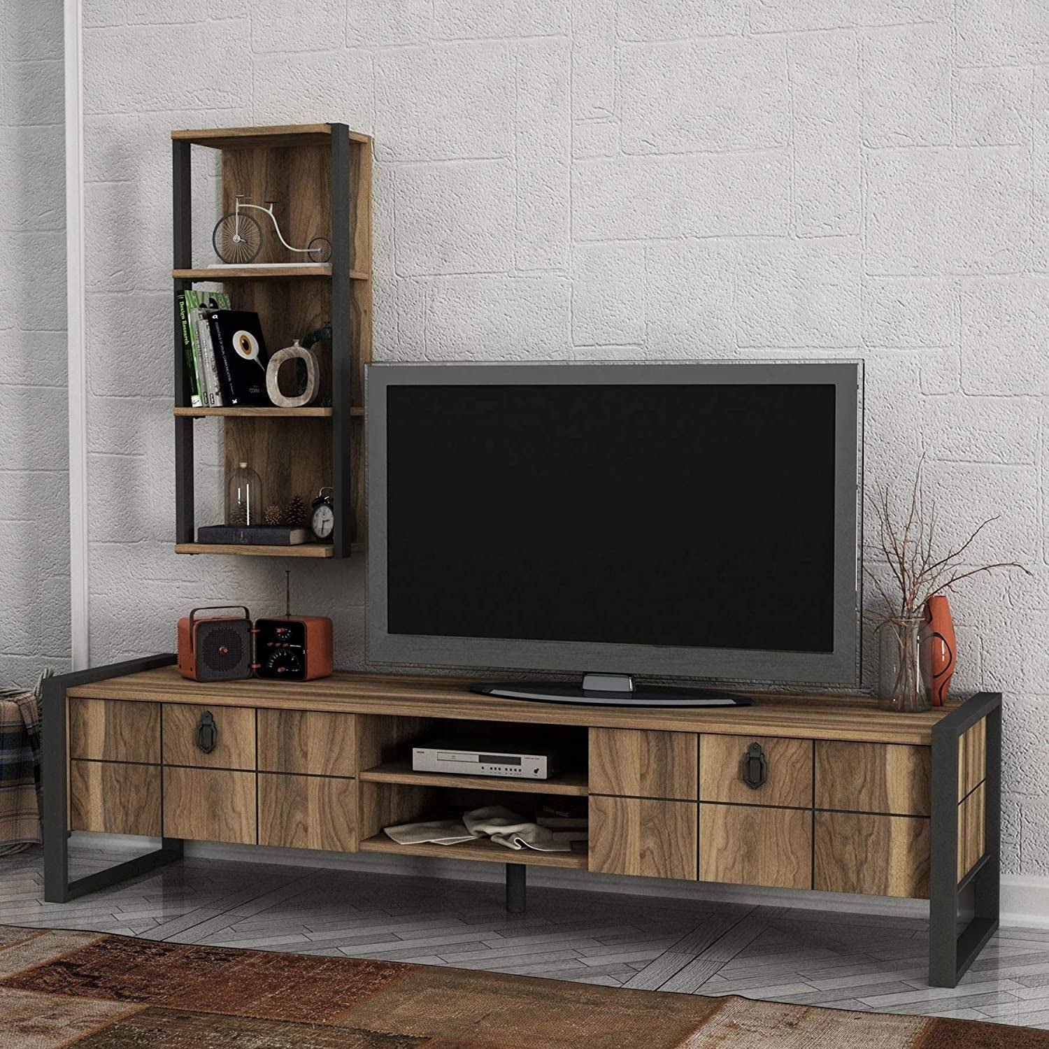 TV Unit with Vertical Wall Shelf, Metal & Composite Wood Frame M153