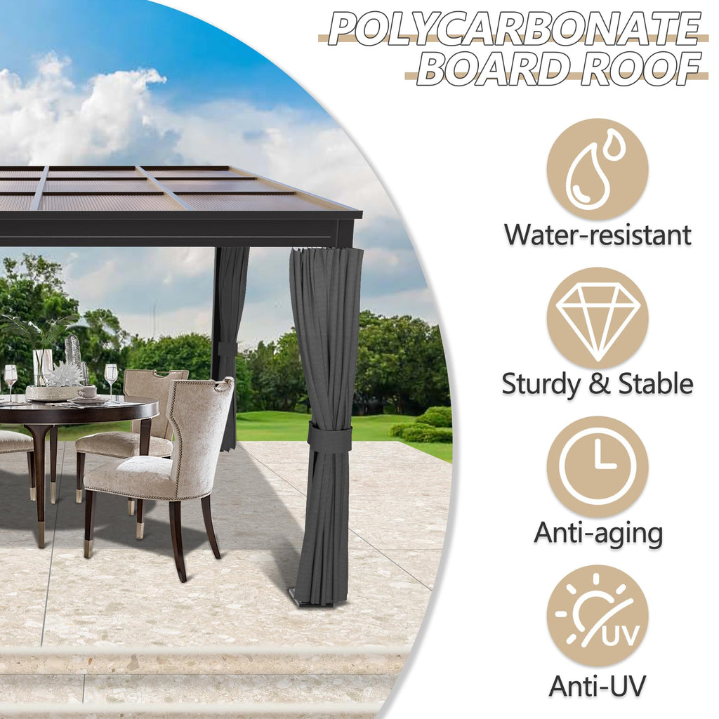 10×10FT Wall-Mounted Aluminum Frame Pergola Gazebo With Netting & Curtains X205