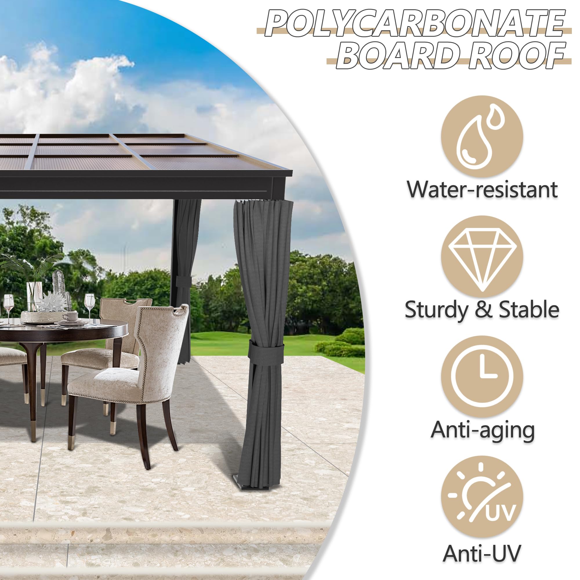 10×10FT Wall-Mounted Aluminum Frame Pergola Gazebo With Netting & Curtains X205