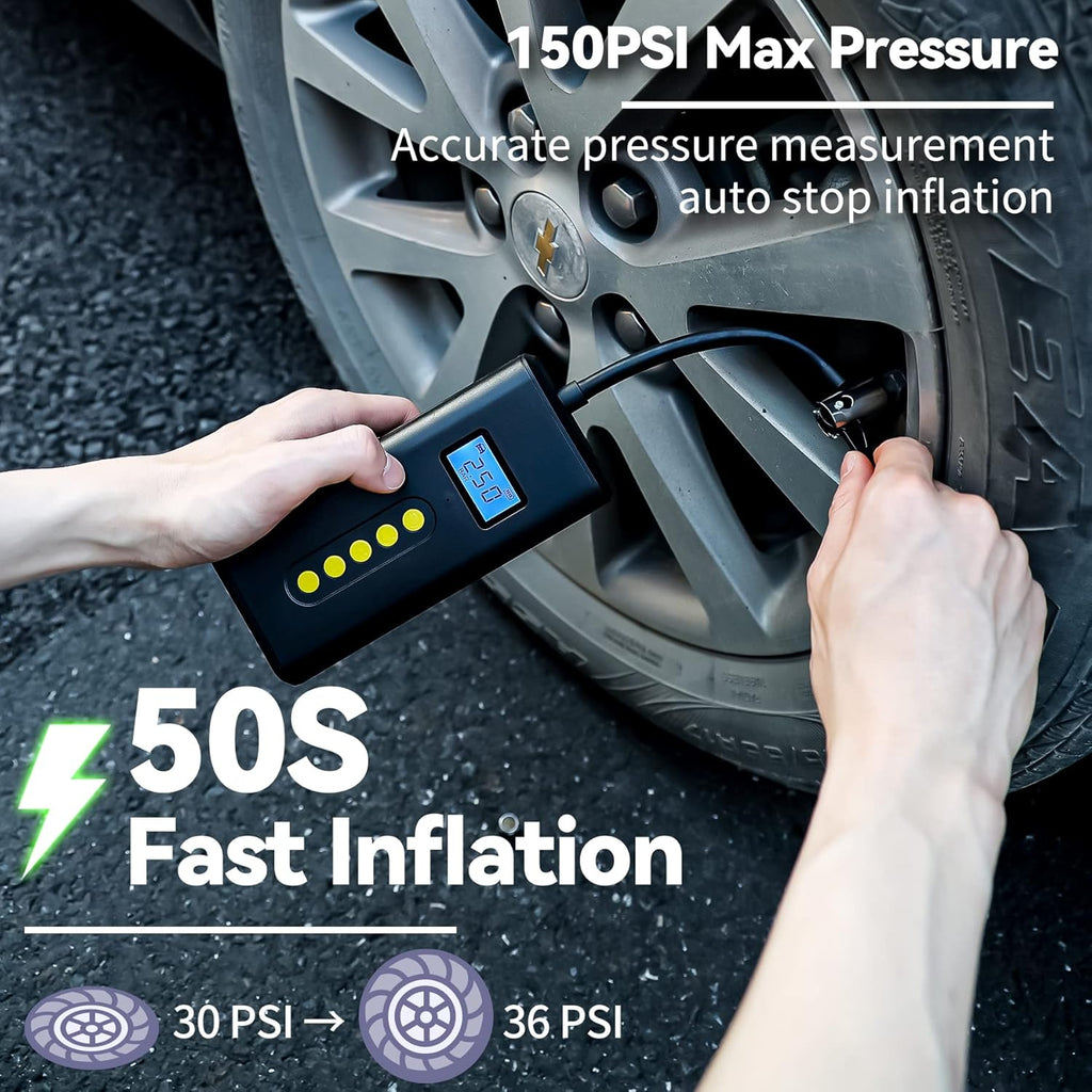 Portable Tire Inflator 150PSI Electric Tire Pump Rechargeable Air Compressor with LED Lights, Power Bank, Black Pack of 2 J978