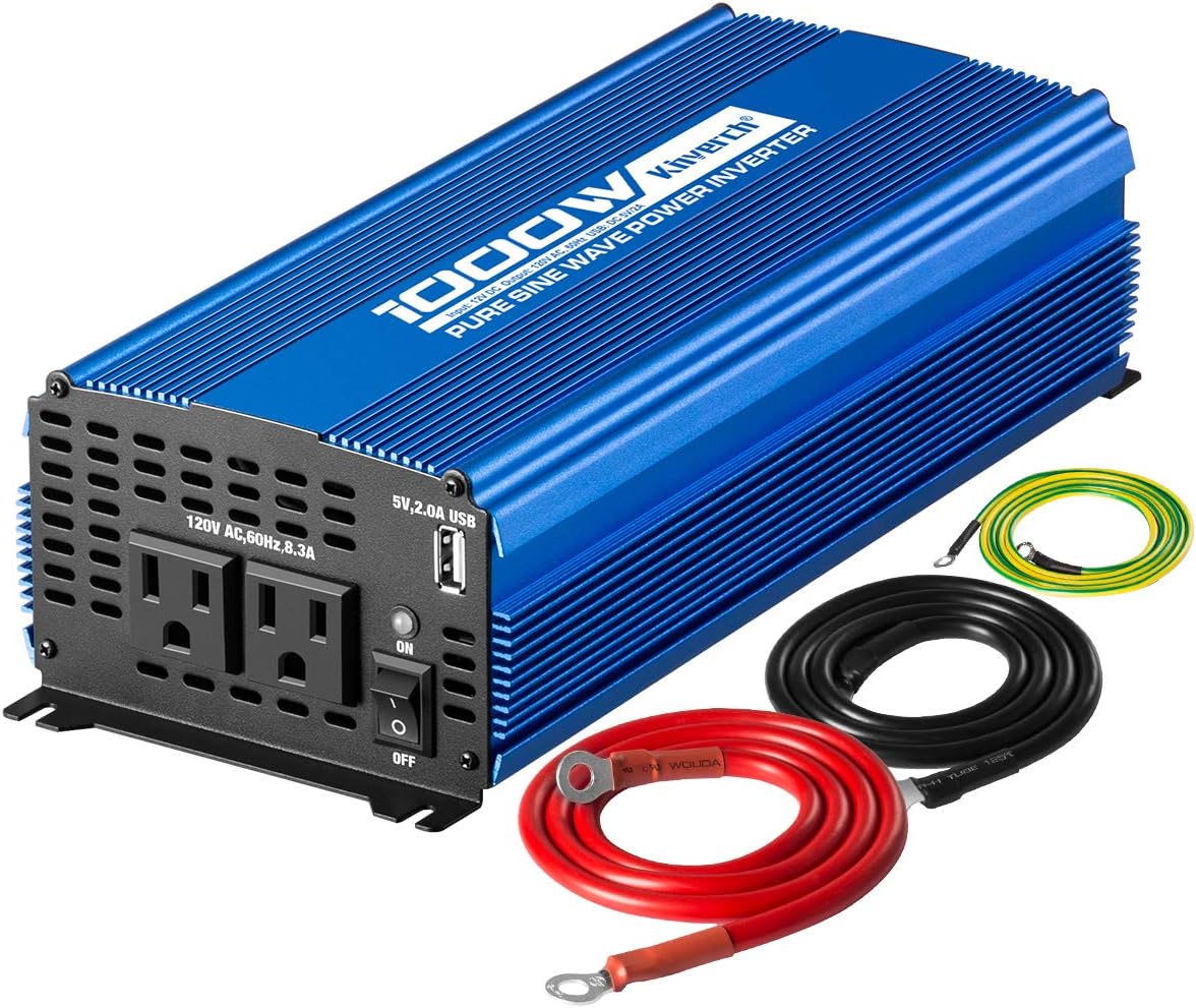 Pure Sine Wave Inverter 1000W DC 12V to AC 110V Car Power Inverter with Dual AC Outlets & 2A USB Ports I219846