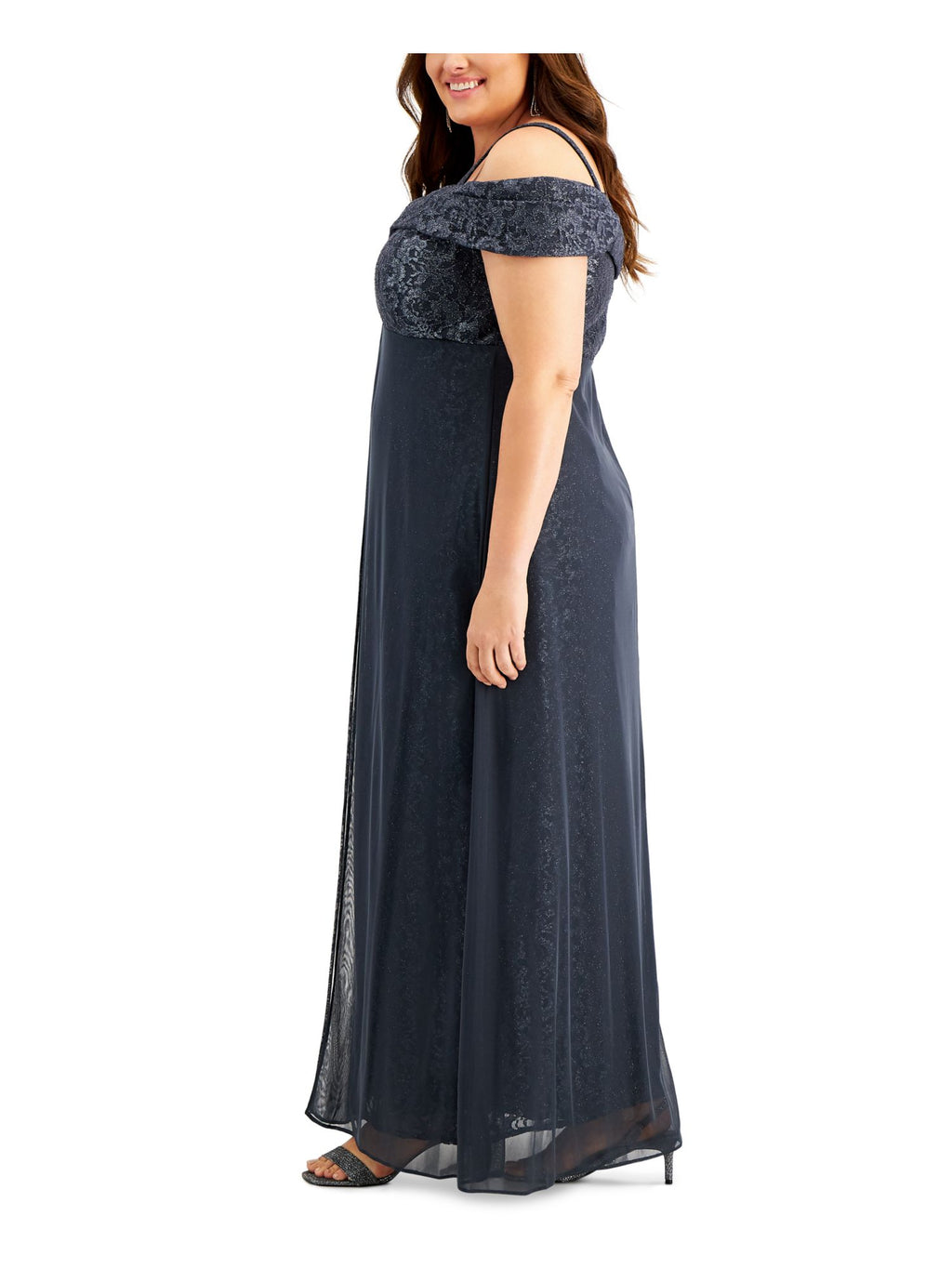 Gray Zippered Sheer Lined Floral Short Sleeve Off Shoulder Full-Length Formal Gown Dress Plus 18W J83281