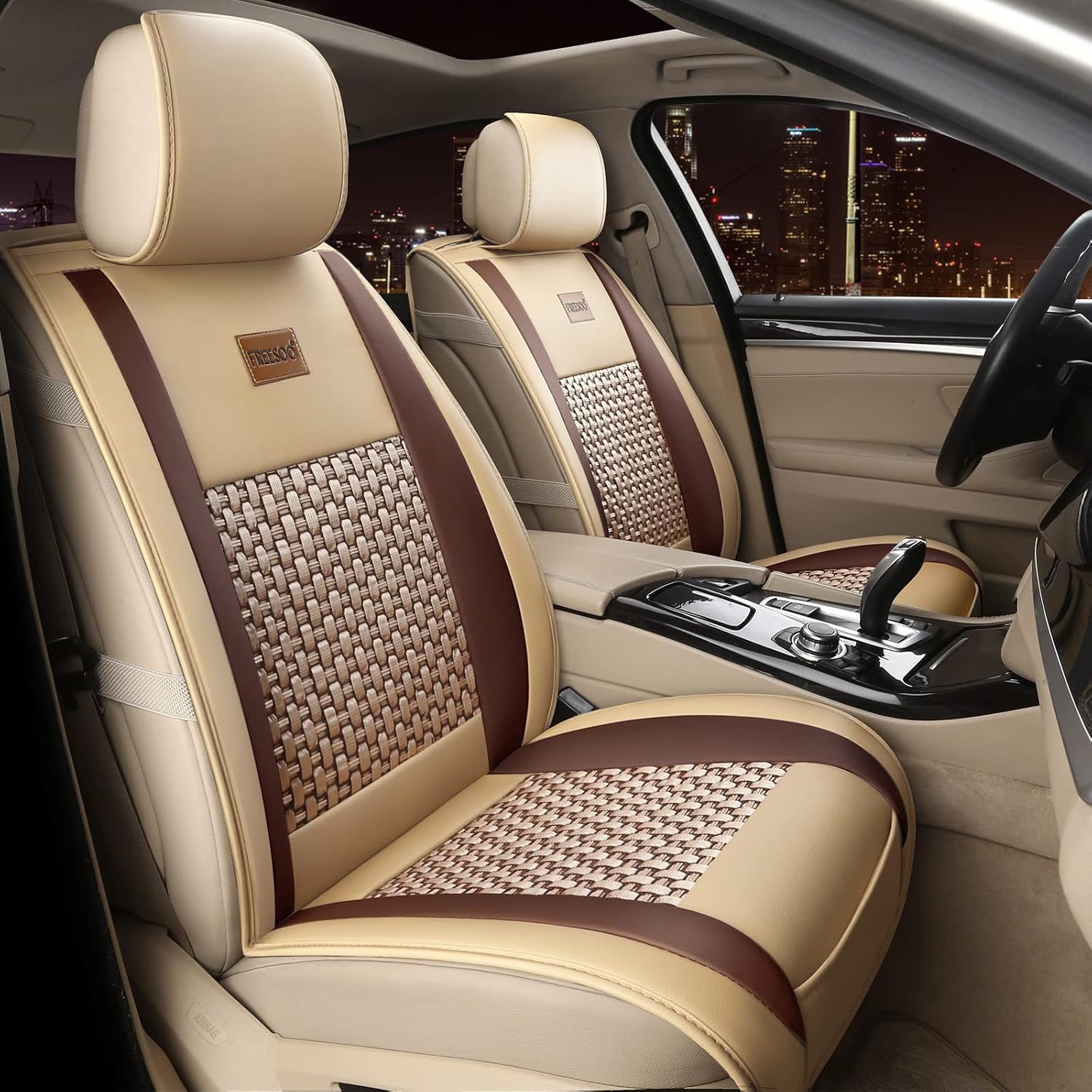 Khaki Orange Leather Car Seat Cover Full Set for 5 Seats L3674