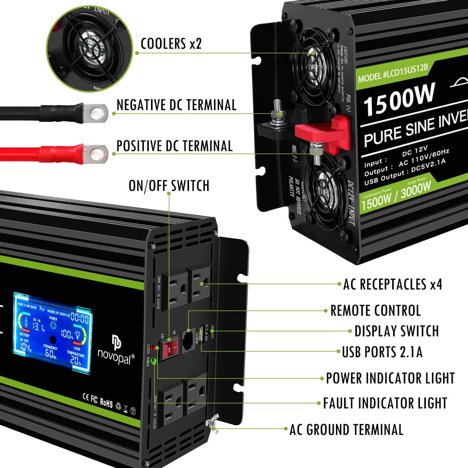 1500 Watt Pure Sine Wave Power Inverter DC 12V to 110V/120V with 4 AC Outlets and USB Port O9020
