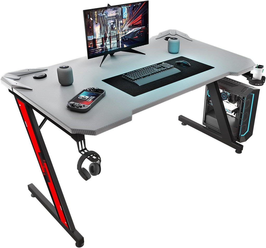 44 Inch Black Gaming Desk with Carbon Fiber Surface Cup Holder and Headphone Hook R9855