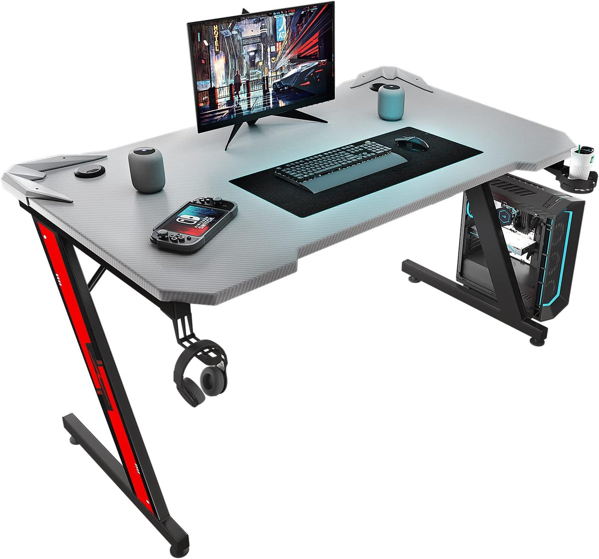 44 Inch Black Gaming Desk with Carbon Fiber Surface Cup Holder and Headphone Hook R9855