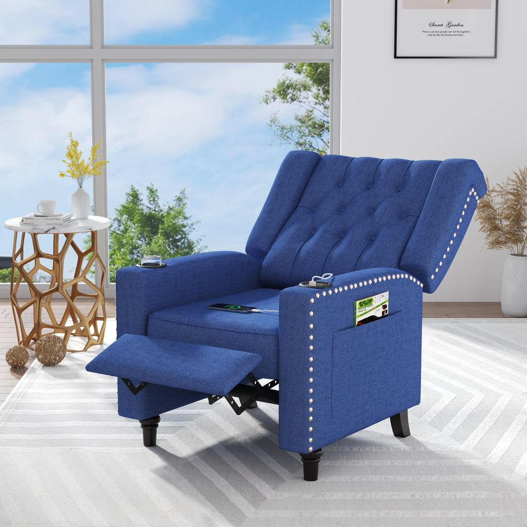 Blue Tufted Wingback Recliner Arm Chair with USB Charging I7368