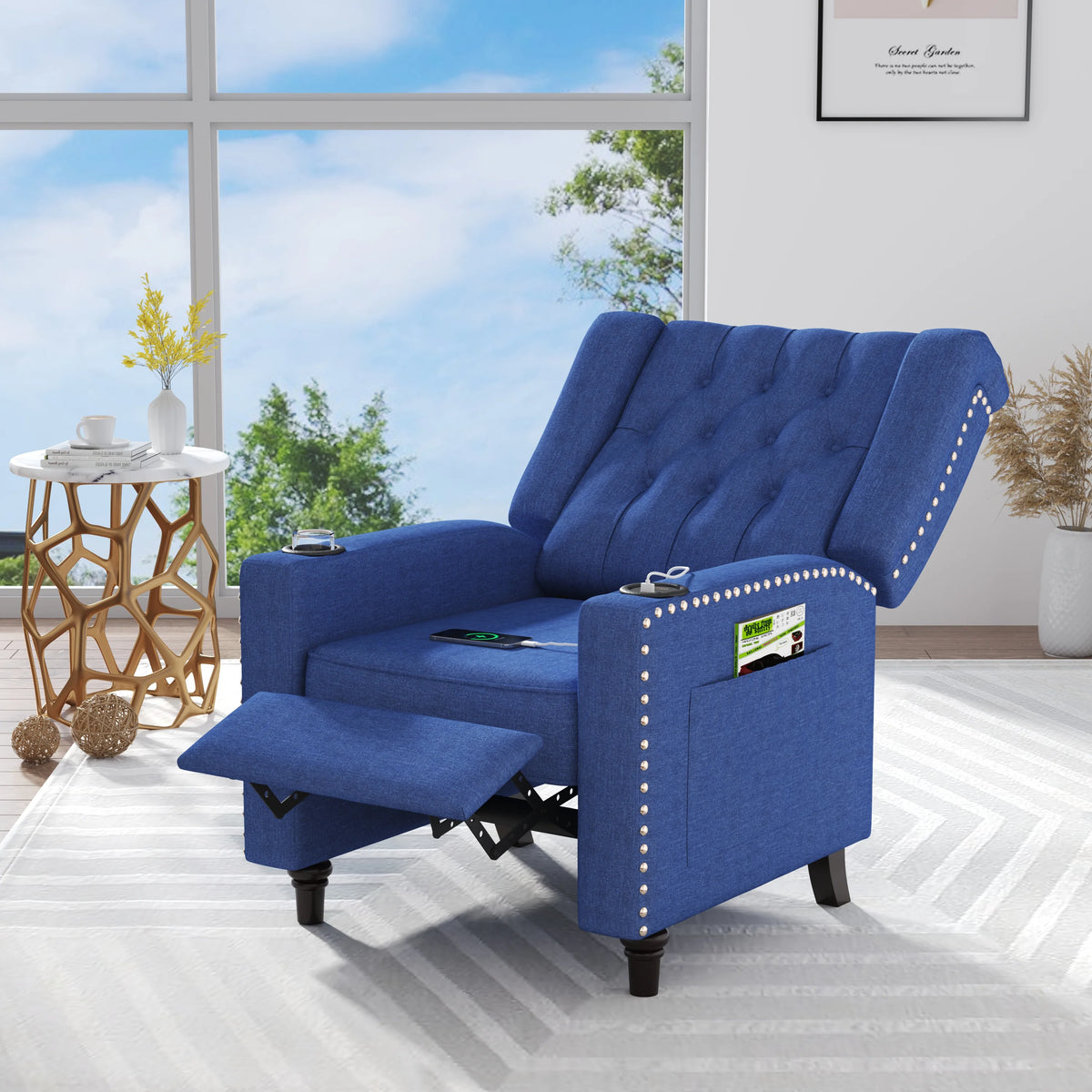 Blue Tufted Wingback Recliner Arm Chair with USB Charging I7368