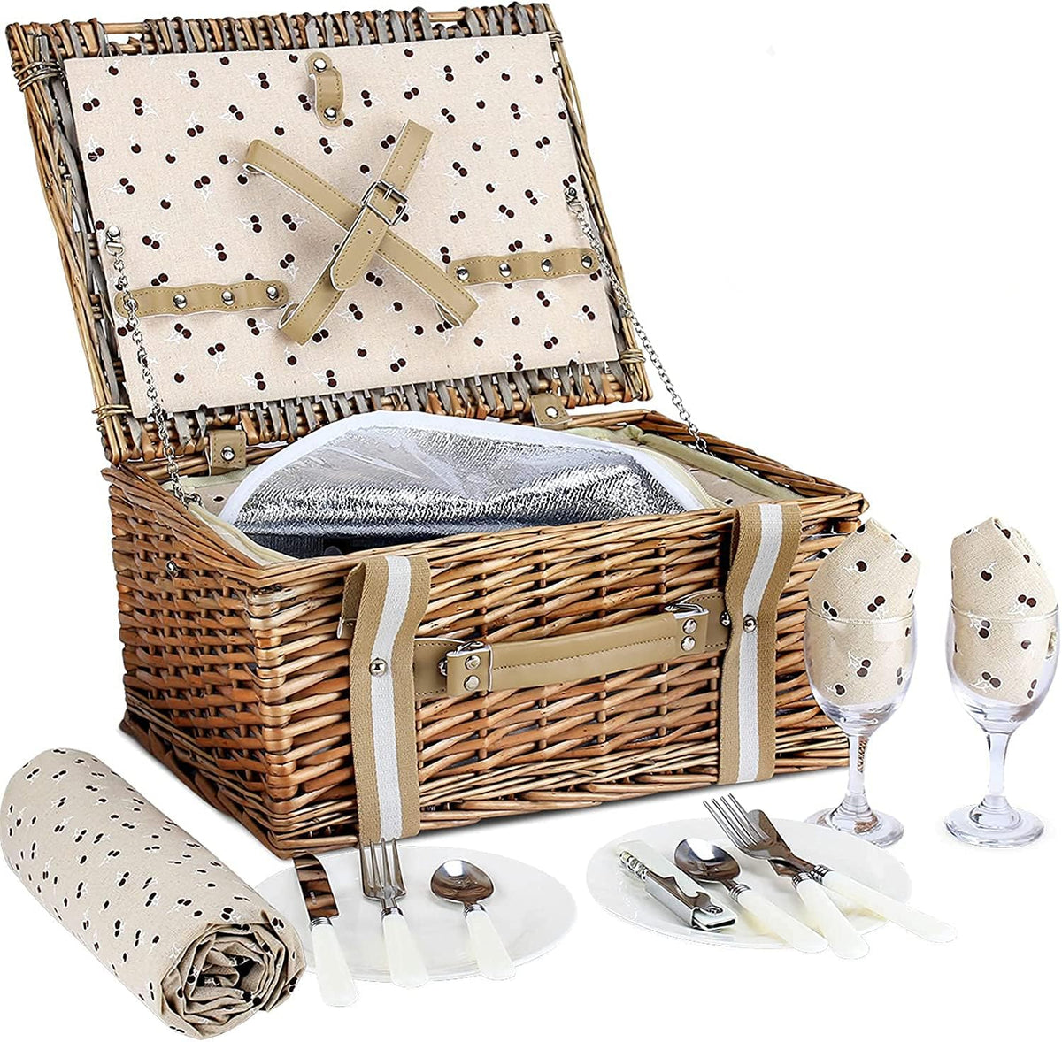 Wicker Picnic Basket Set with Insulated Cooler Bag and Waterproof Picnic Blanket O655