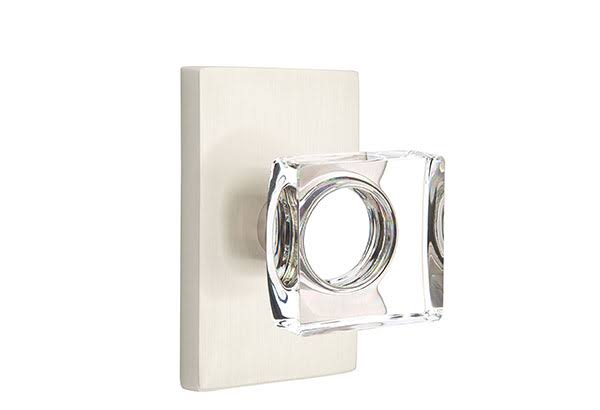 Modern Square Crystal Knob with Rectangular Rose, Satin Nickel W4043