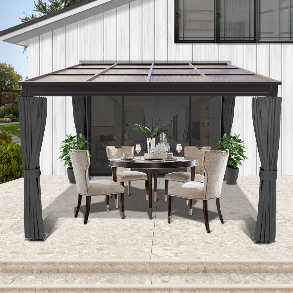 10×10FT Wall-Mounted Aluminum Frame Pergola Gazebo With Netting & Curtains X205