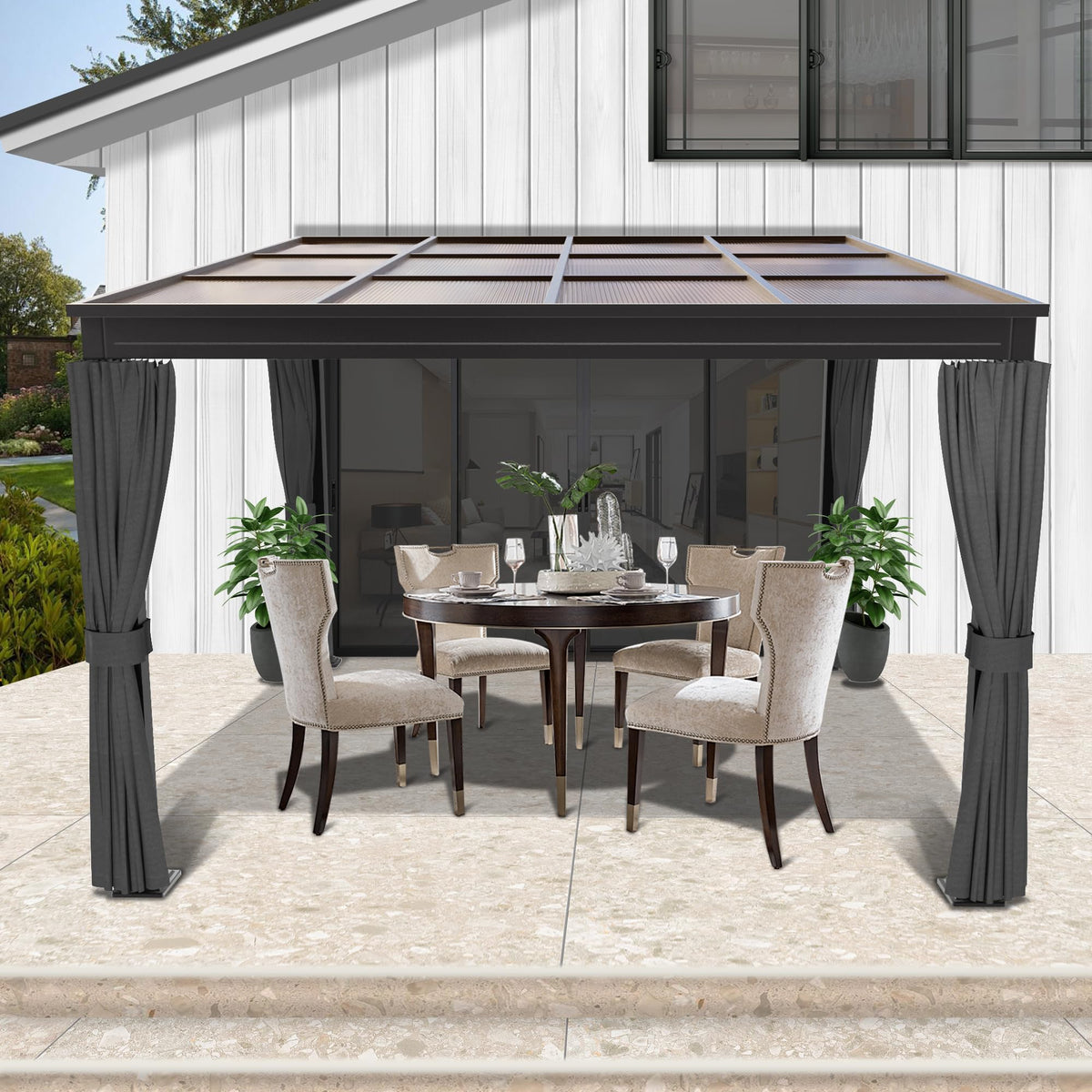10×10FT Wall-Mounted Aluminum Frame Pergola Gazebo With Netting & Curtains X205