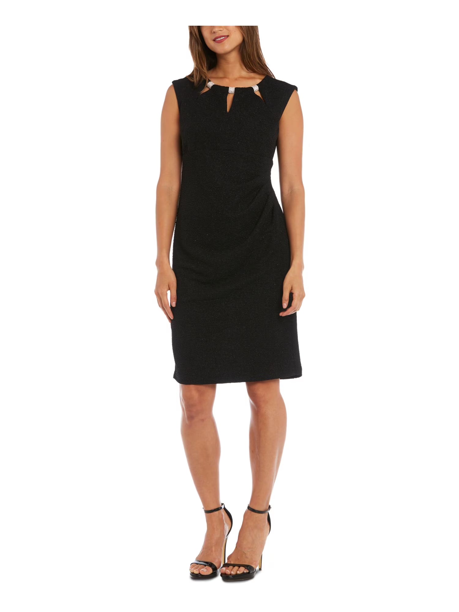 Black Beaded Sleeveless Jewel Neck Knee Length Sheath Dress I5293