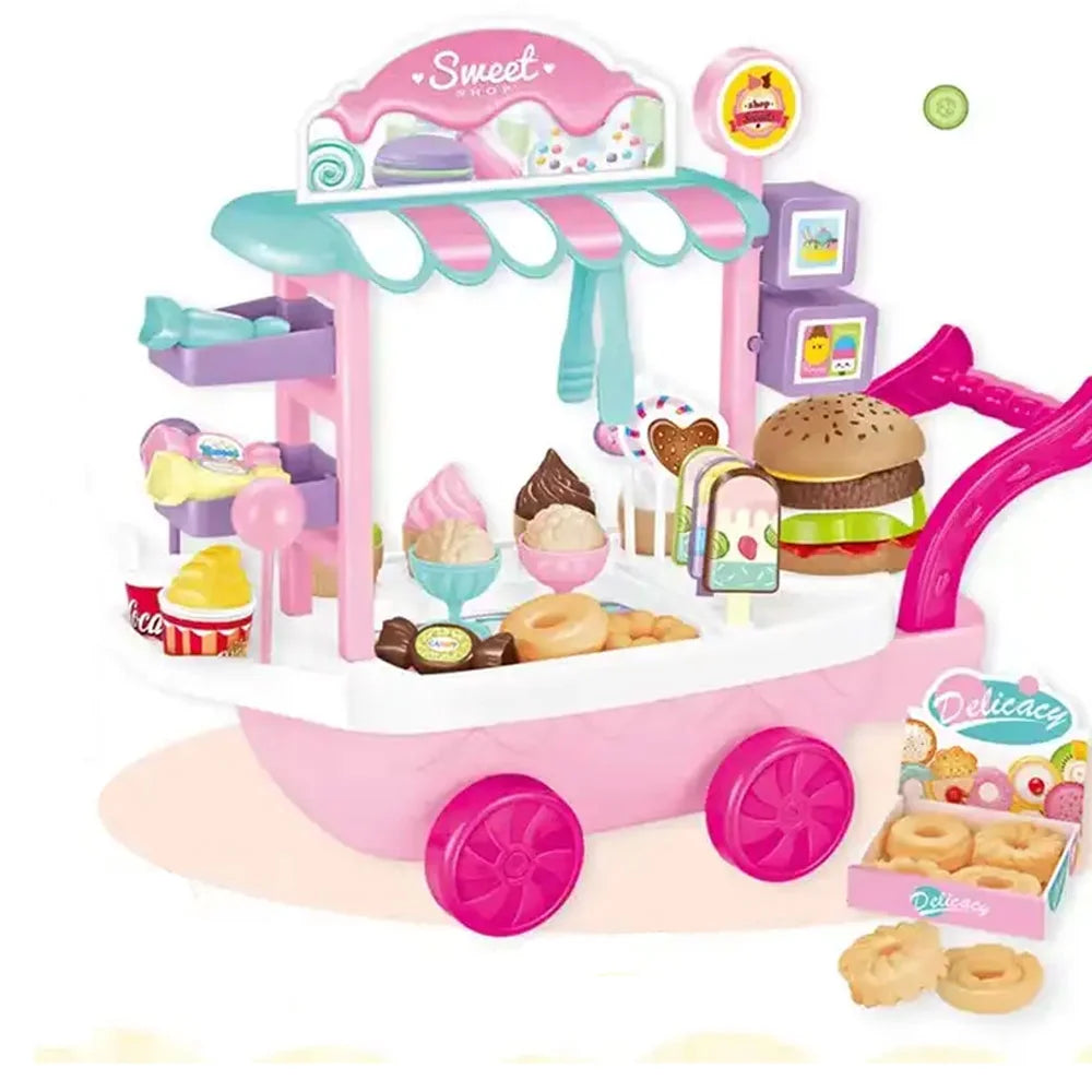 Dessert Candy Trolley Kitchen Toy Set with Umbrella Food Dishes S3063