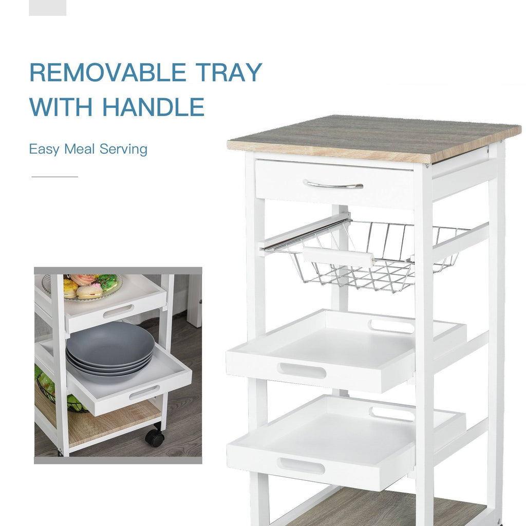 White Mobile Rolling Kitchen Island Trolley Serving Cart with Drawer and Wire Storage Basket O54225