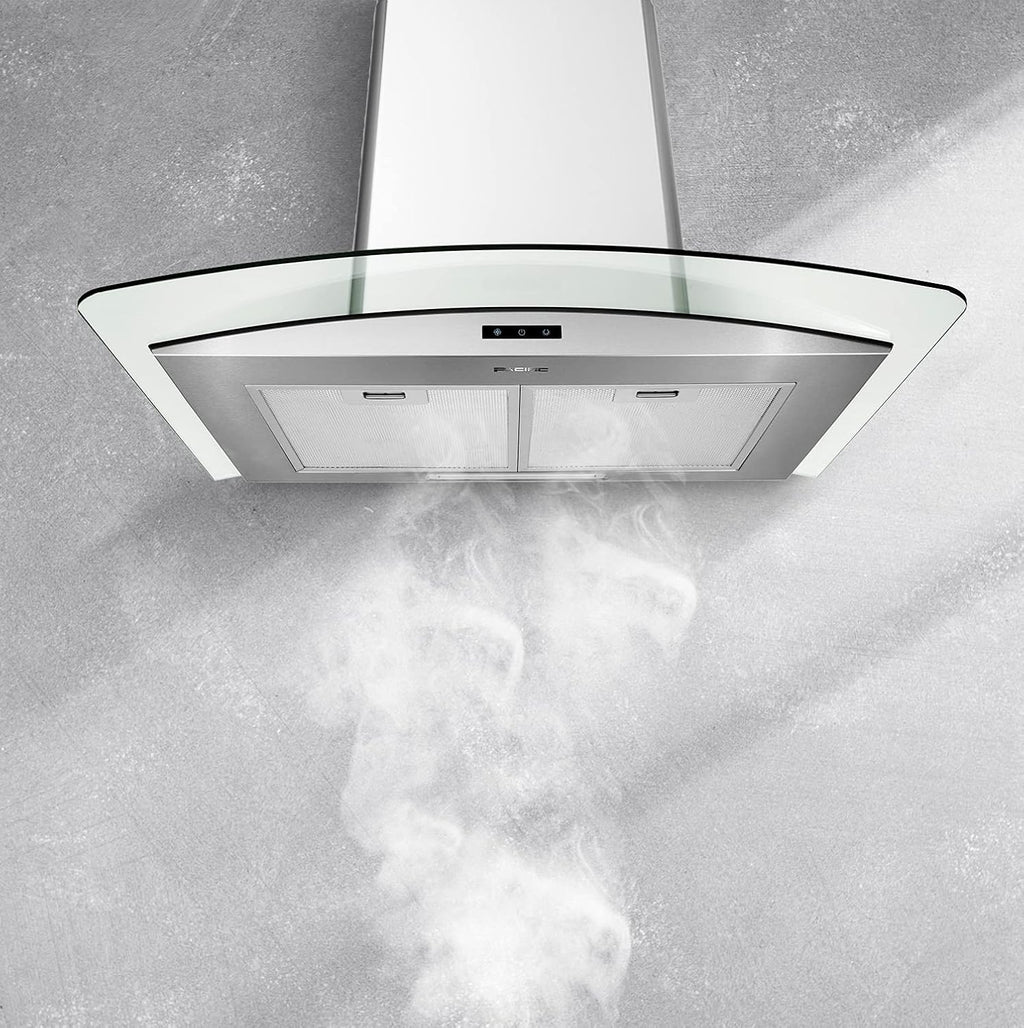 30''/36'' wall-mount range hood with glass chimney, 750 CFM, LED speed indicator, Dual-level lighting E499059