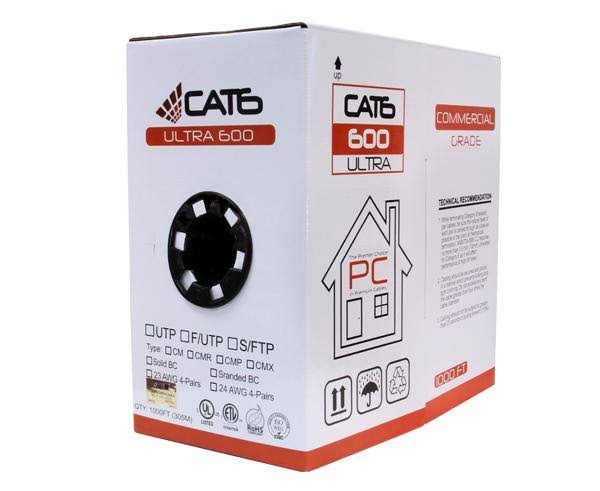 Cat6 Shielded Bulk Ethernet Cable, Riser CMR, Solid 24 AWG, 1000ft Black C575424