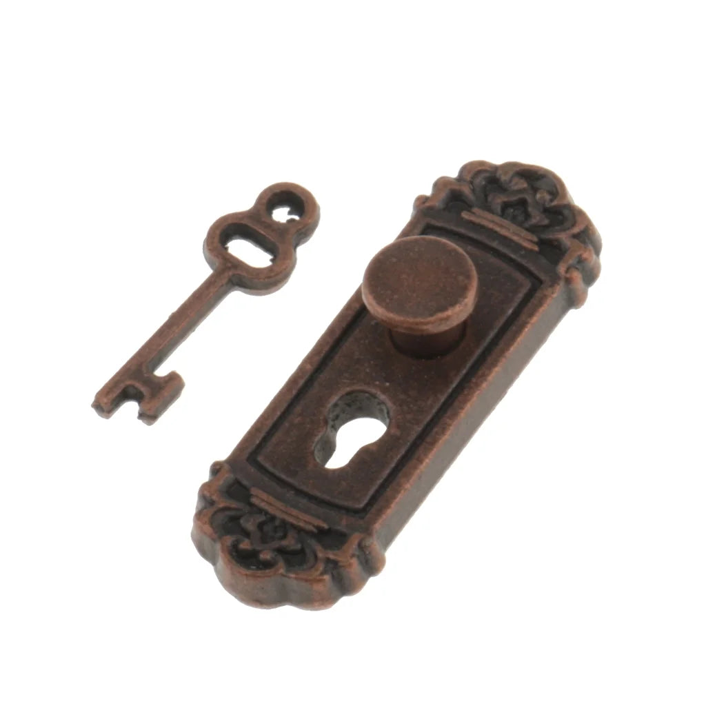 Vintage Metal Doorknob Plate Key Set Dollhouse Miniature Handle N94686